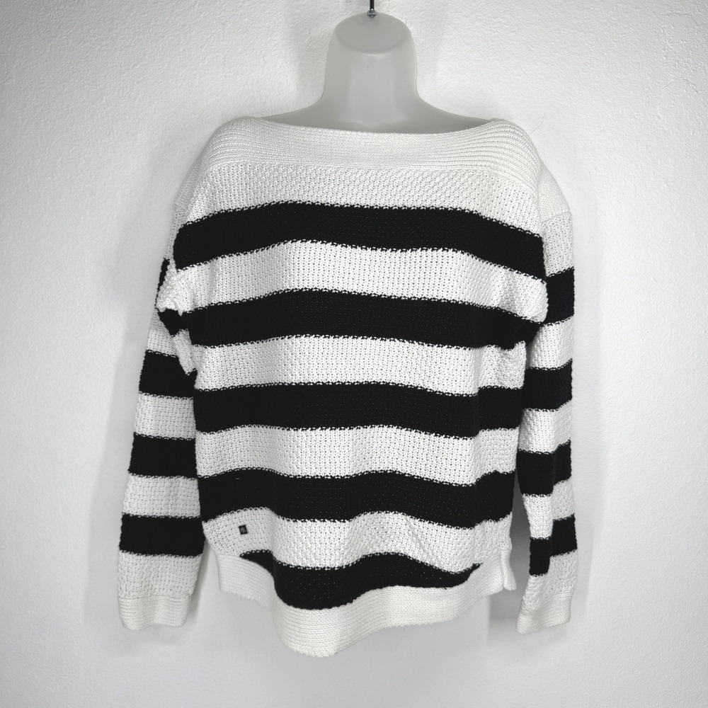 Ralph Lauren Women Black White Striped Cotton Fisherman Boat Neck Sweater Medium